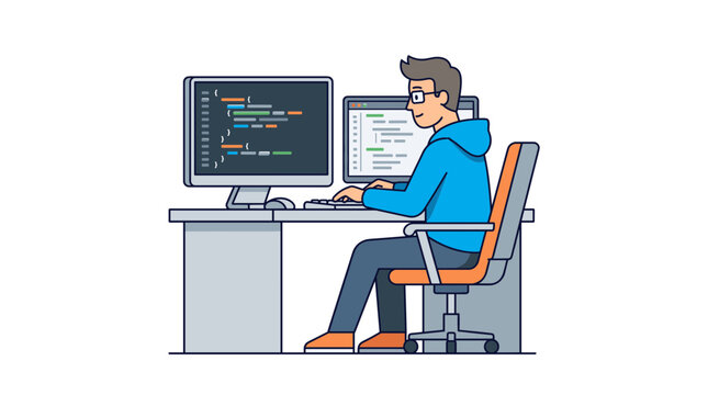 Software Developer Coding at Desk with Dual Monitors, Male Programmer Vector Illustration Isolated on White