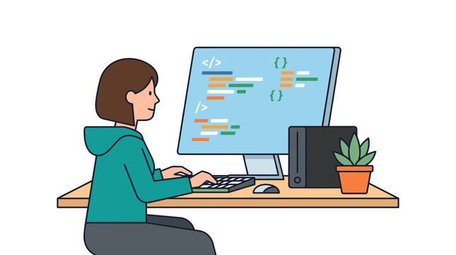 Female software developer coding at a desk with computer and plant in a flat illustration style