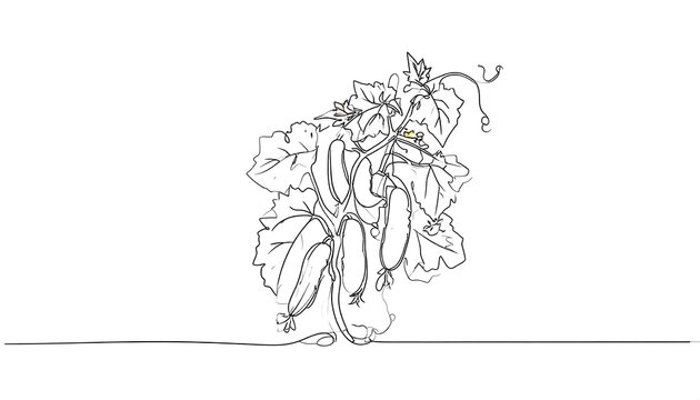 Delicate black line drawing of cucumbers hanging from vines with leaves. A simple, elegant illustration on a white background
