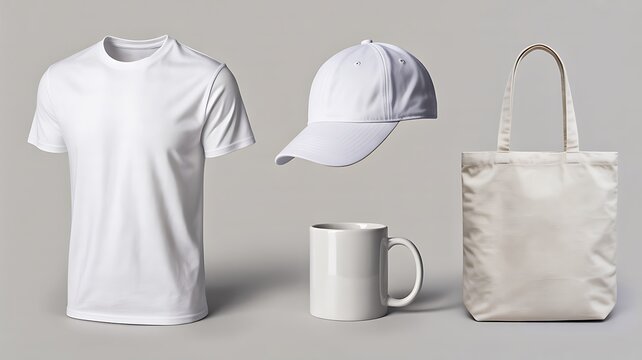 Blank white promotional merchandise mockup set with apparel accessories and mug