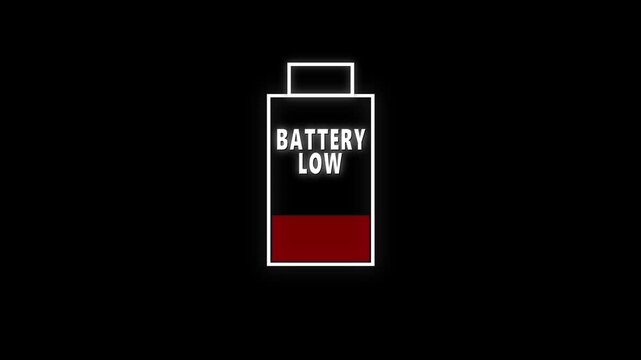 Low Battery Warning Icon Animation on Black Background
Animated low battery warning icon with a pulsing red charge level and Battery Low message isolated on a black background. Minimal technology moti