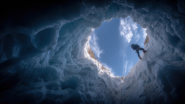 Winter season adventure exploration. A climber scaling an ice cave illuminated by the sun, wearing a backpack and harness. The climber is surrounded by a vast expanse of ice.