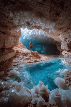 Winter season adventure exploration. A person standing in the middle of a crystalline cave, surrounded by a pool of blue water. The person is illuminated by the light filtering through the cave.