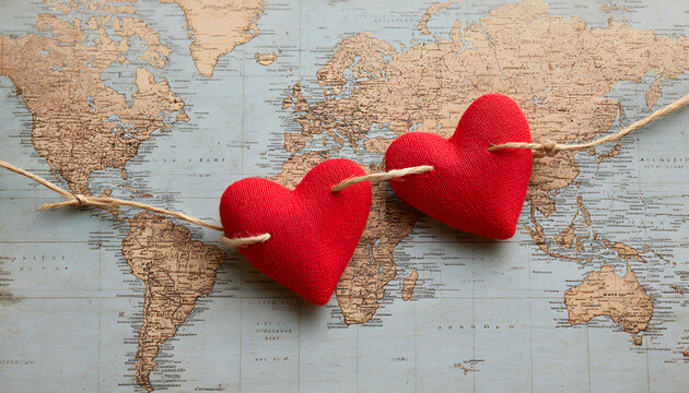 Red hearts connected by string over world map symbolizing global love, unity, and connection