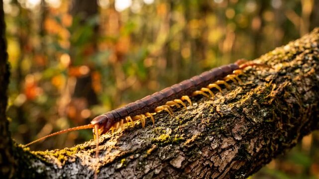 centipede close up at golden light in amazon rainforest brazil