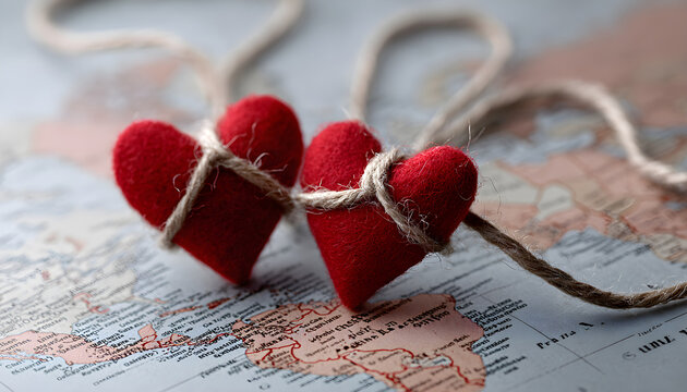 Red hearts connected by string over world map symbolizing global love, unity, and connection
