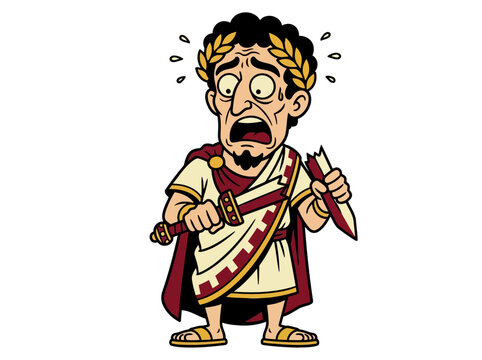 Cartoon Roman Emperor in Distress Holding Broken Sword.