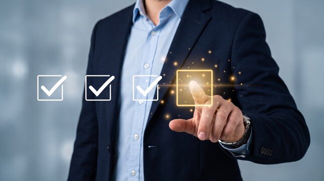 Professional businessman in a navy suit selects a glowing digital checkbox on a virtual interface screen