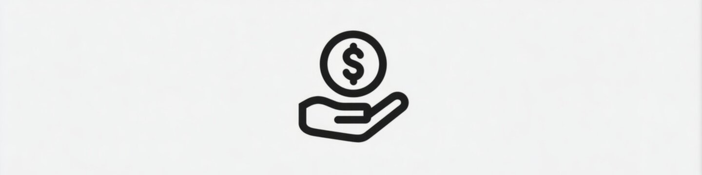 Minimalist hand holding dollar coin line icon isolated on white background, money investment vector, Simple black money in hand line art icon, financial savings and charity concept symbol.