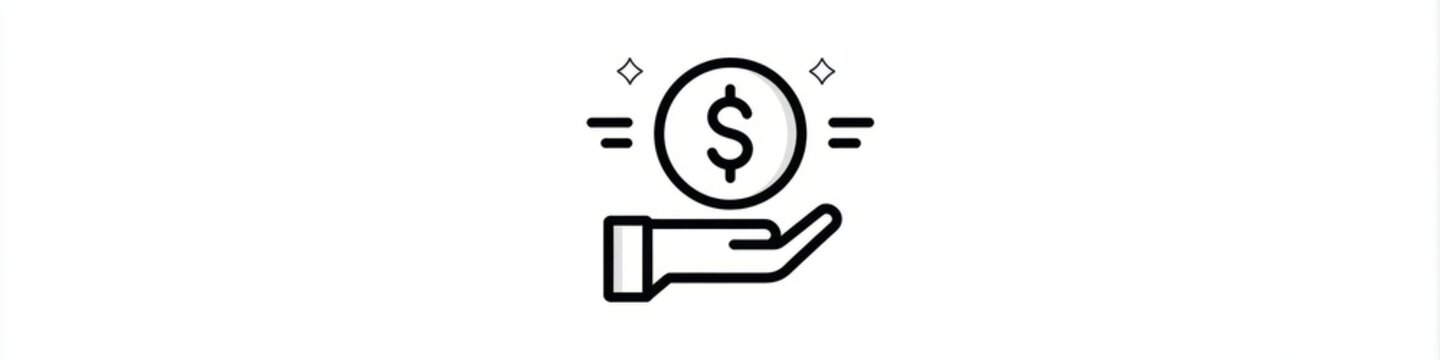 Minimalist hand holding dollar coin line icon isolated on white background, money investment vector, Simple black money in hand line art icon, financial savings and charity concept symbol.