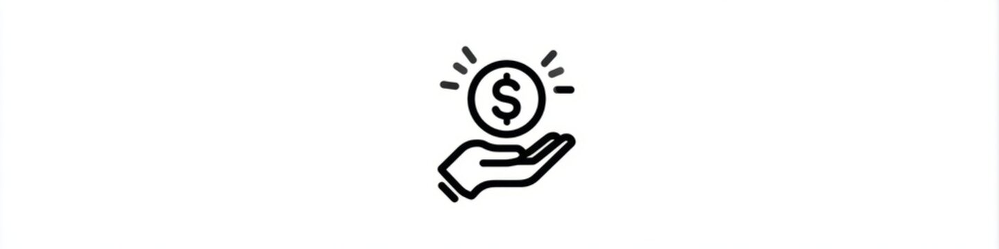 Minimalist hand holding dollar coin line icon isolated on white background, money investment vector, Simple black money in hand line art icon, financial savings and charity concept symbol.