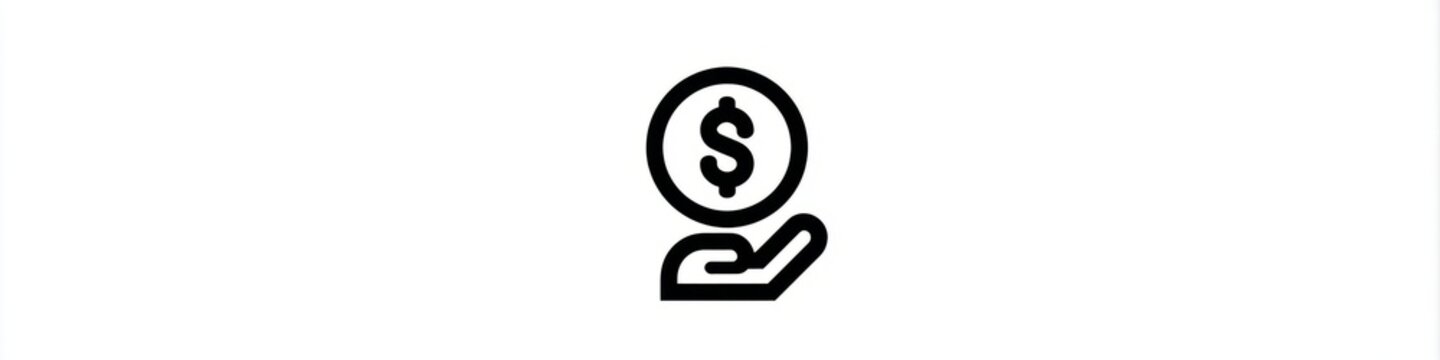 Minimalist hand holding dollar coin line icon isolated on white background, money investment vector, Simple black money in hand line art icon, financial savings and charity concept symbol.