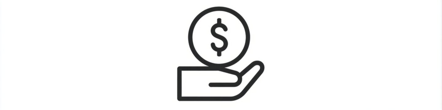 Minimalist hand holding dollar coin line icon isolated on white background, money investment vector, Simple black money in hand line art icon, financial savings and charity concept symbol.
