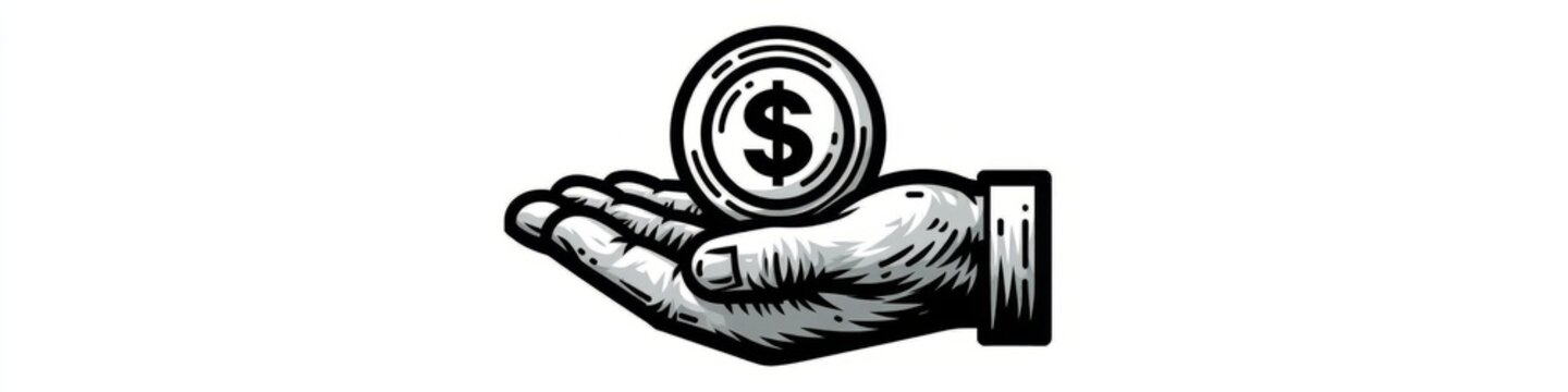 Minimalist hand holding dollar coin line icon isolated on white background, money investment vector, Simple black money in hand line art icon, financial savings and charity concept symbol.
