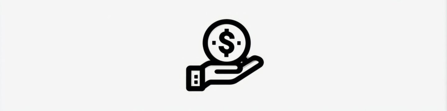 Minimalist hand holding dollar coin line icon isolated on white background, money investment vector, Simple black money in hand line art icon, financial savings and charity concept symbol.