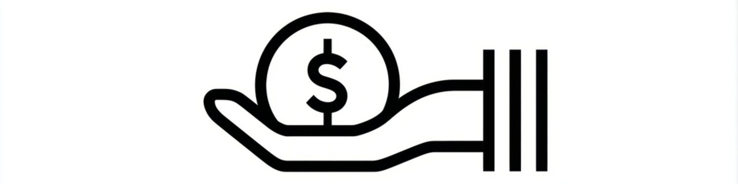Minimalist hand holding dollar coin line icon isolated on white background, money investment vector, Simple black money in hand line art icon, financial savings and charity concept symbol.