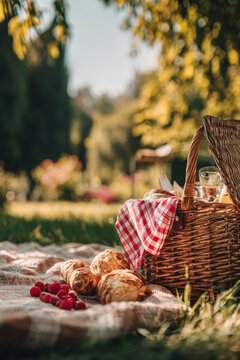 Spring Summer outdoor leisure relaxation activity. A vivid outdoor scene depicts a picnic. A wicker picnic basket with a red and white checkered cloth is the main subject. Inside the basket.