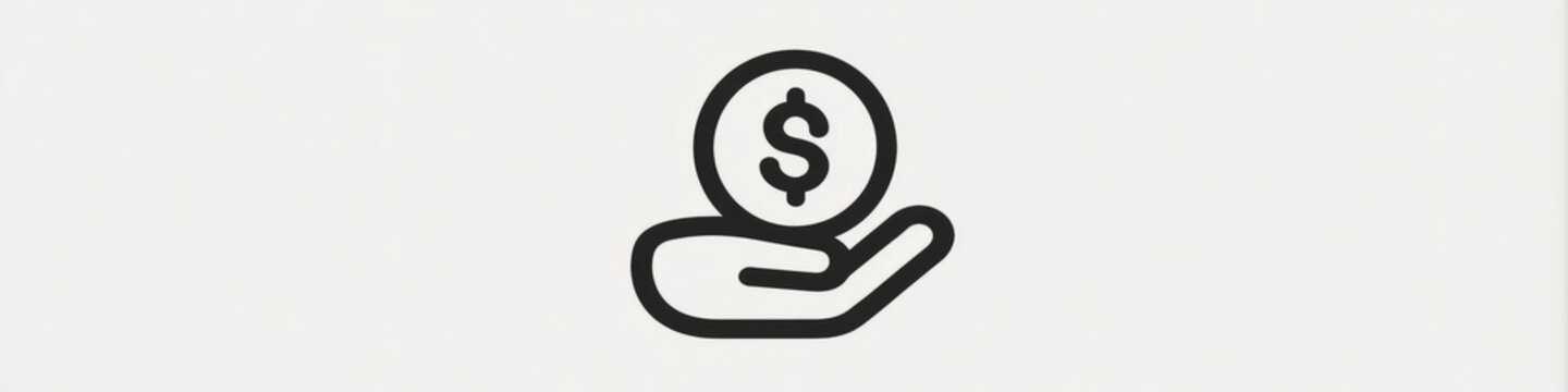 Minimalist hand holding dollar coin line icon isolated on white background, money investment vector, Simple black money in hand line art icon, financial savings and charity concept symbol.