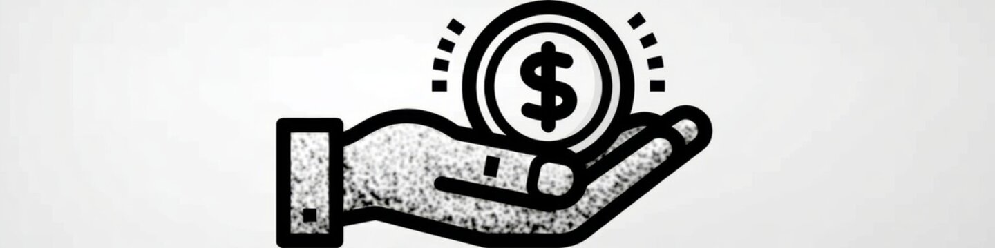 Minimalist hand holding dollar coin line icon isolated on white background, money investment vector, Simple black money in hand line art icon, financial savings and charity concept symbol.