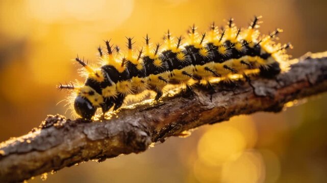 close up asp caterpillar moving on a branch at golden hour blur background