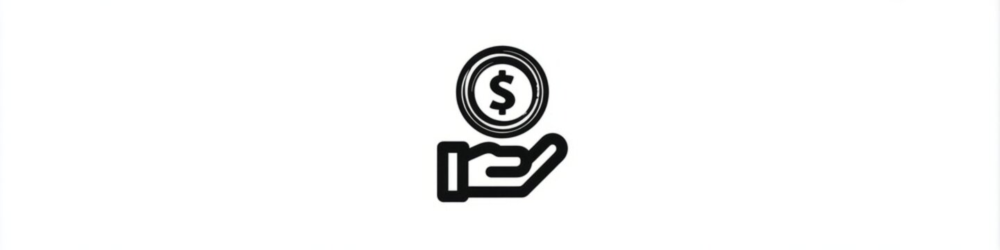 Minimalist hand holding dollar coin line icon isolated on white background, money investment vector, Simple black money in hand line art icon, financial savings and charity concept symbol.