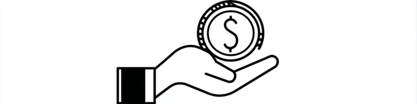 Minimalist hand holding dollar coin line icon isolated on white background, money investment vector, Simple black money in hand line art icon, financial savings and charity concept symbol.