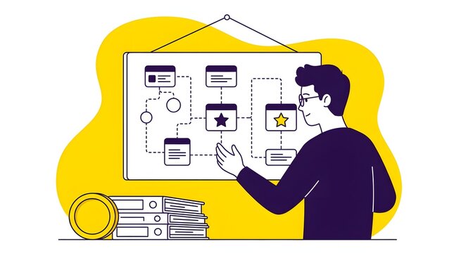 UX Designer Planning Website Architecture and User Flow Diagram on Presentation Board