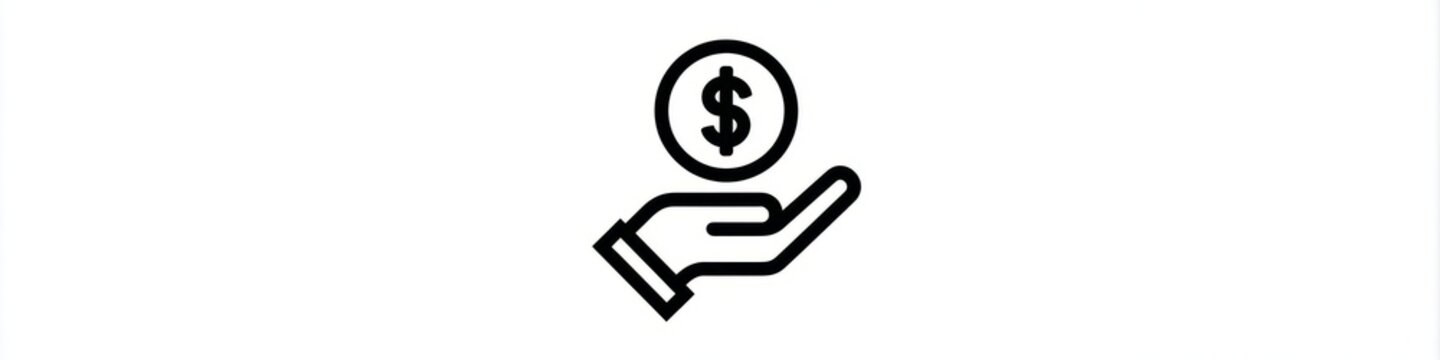Minimalist hand holding dollar coin line icon isolated on white background, money investment vector, Simple black money in hand line art icon, financial savings and charity concept symbol.