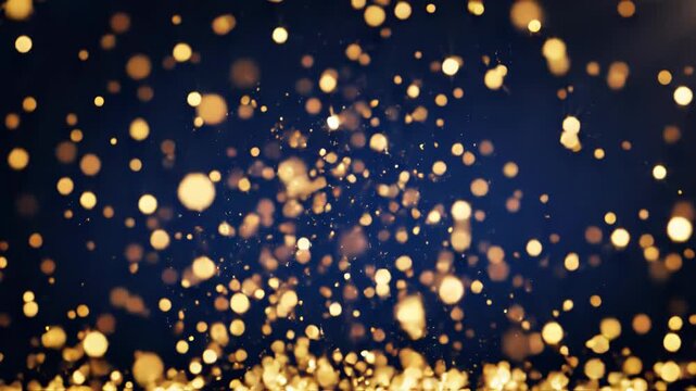 Abstract background with falling golden glitter particles on dark blue