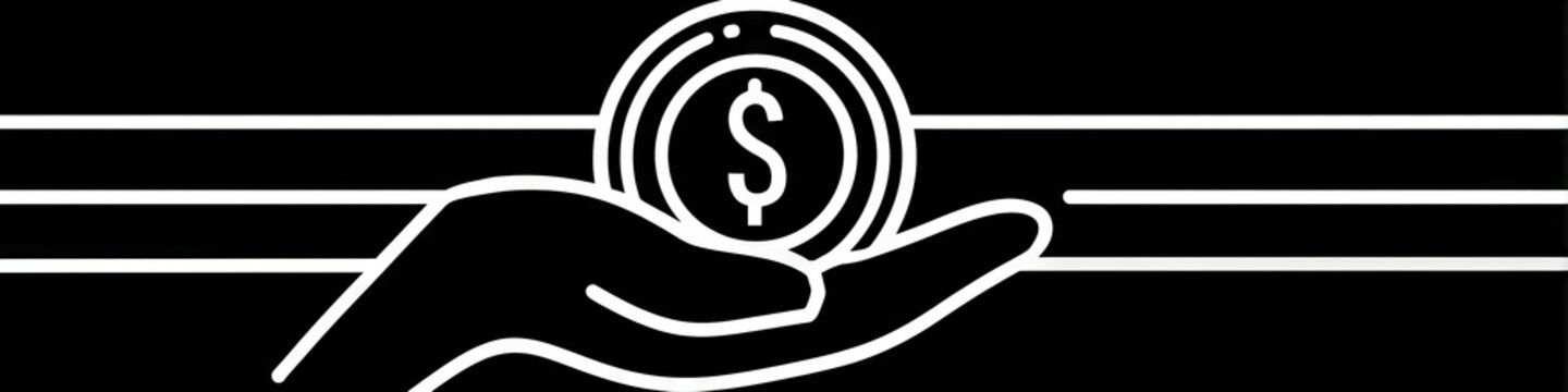 Minimalist hand holding dollar coin line icon isolated on white background, money investment vector, Simple black money in hand line art icon, financial savings and charity concept symbol.