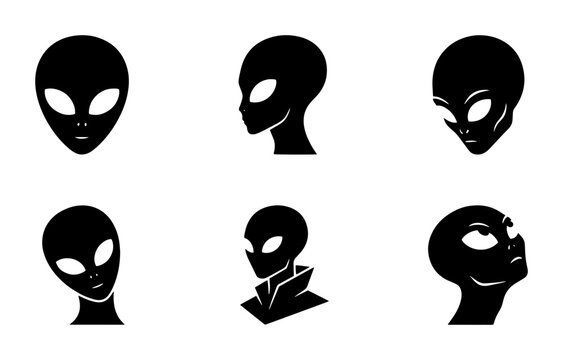 70 Alien Head Silhouettes, Extraterrestrial Iconography, Sci-Fi Character Portraits, Vector Graphics Set 100