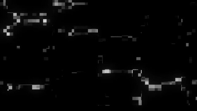 White compression artifacts flickering with digital imperfections on black background.