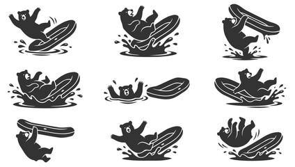 Fototapeta premium Bear character set floating on rubber rings in water black and white style