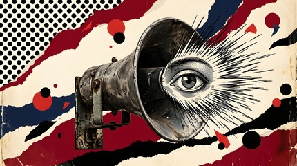 Obraz premium Vintage Megaphone Loudspeaker with Big Eye inside Horn for Surveillance and Public Propaganda