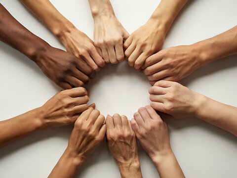 Group of diverse hands joined together in unity circle formation