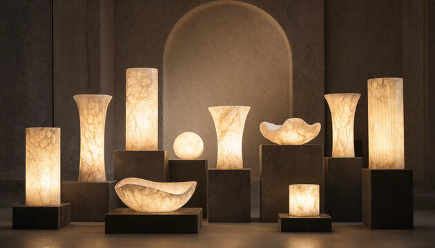 A series of illuminated alabaster stone lamps and bowls displayed on dark pedestals in a dimly lit room with an arched architectural background