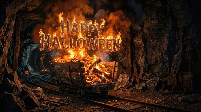 Fiery 'happy halloween' text with jack o' lanterns in a dark mine shaft spooky seasonal greeting