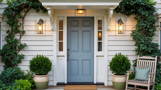 Elegant home entrance with grey front door porch lighting and lush greenery