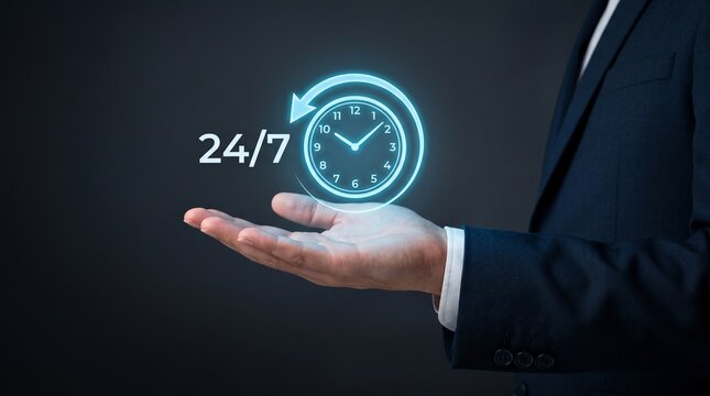 Professional businessman holding a glowing blue digital clock icon representing constant twenty four seven service availability
