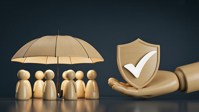 Business protection concept with umbrella shield and team security on grey background