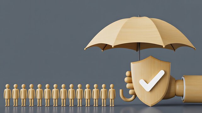 Business protection concept with umbrella shield and team security on grey background
