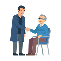 Fototapeta premium Young Professional Man Shaking Hands With A Senior Patient In A Caring Healthcare Or Nursing Facility Setting