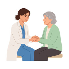 Obraz premium Friendly Doctor Comforting An Elderly Female Patient Holding Her Hands In A Supportive Consultation Environment