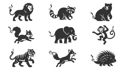 Collection of wild animals with smoking tails in black and white illustration © Vecto_Pixels