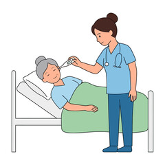 Professional Nurse Measuring Elderly Patient Temperature with Digital Thermometer in Hospital Bed
