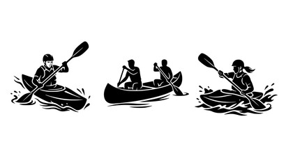 Kayaking and Canoeing SilhouetteKayak and Canoe Silhouette Icon Set with People Paddling Water Sport Vector Graphic Design Vector Set with Rowers Paddling Boats in Water for Sports Designs © Sakib