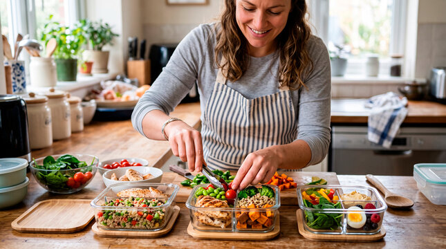 Woman preparing healthy meal prep containers with chicken and vegetables