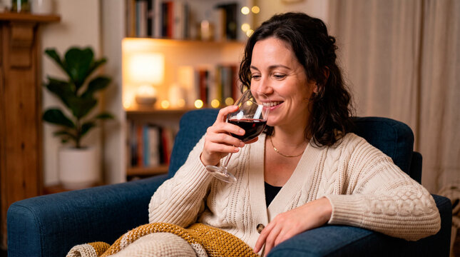 Woman enjoying red wine in a cozy armchair at home