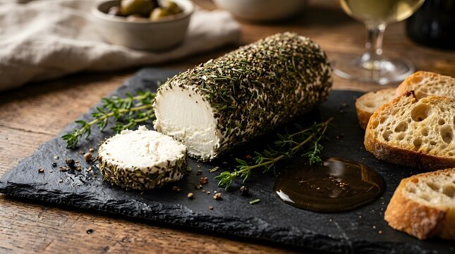 Goat cheese log with herbs on slate board, fresh chevre appetizer with crusty bread perfect for National Goat Cheese Month
