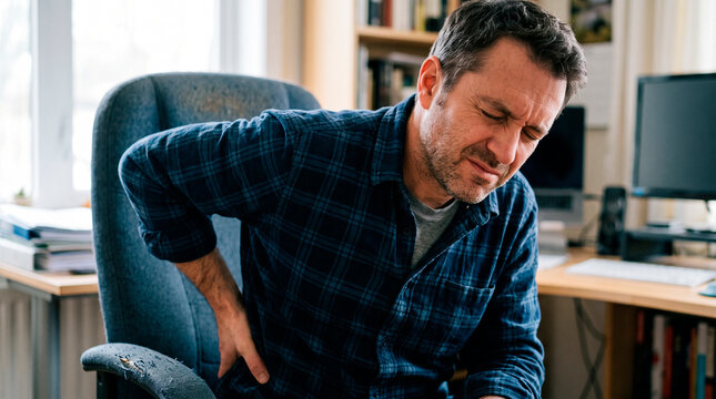 Man in office chair experiencing lower back pain and discomfort